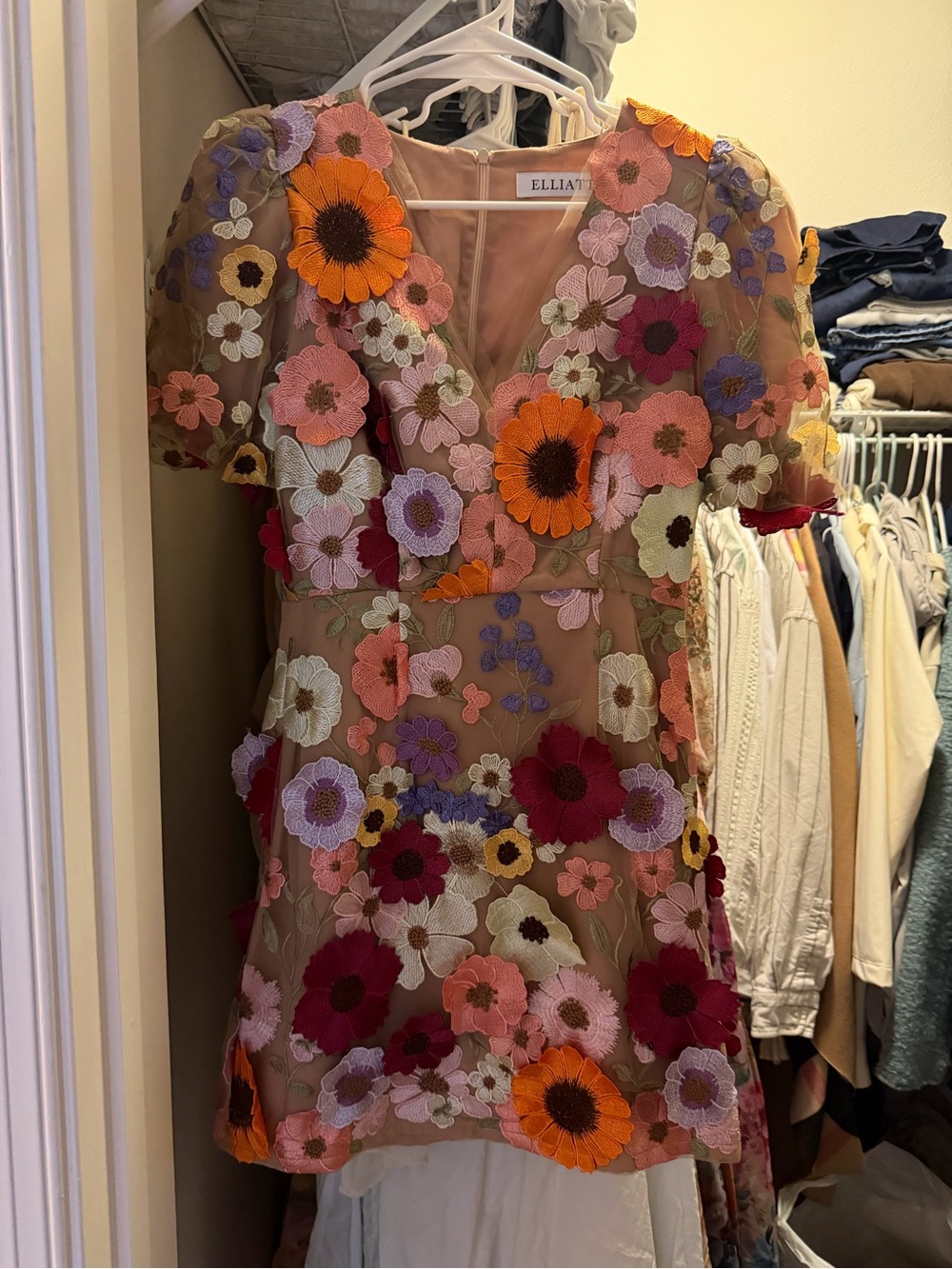 Elliatt Nude Floral Embroidered Puff-Sleeve Mini Dress - Picture 2 of 5